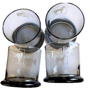 GLASSES 4 BAR SET WHITE HORSE SCOTCH GRAY HORSE LOGO FOUR ROSES 8 OZ 3.5" X 3.5"